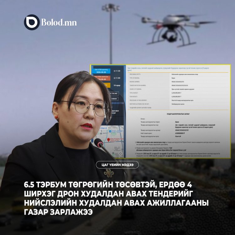 6.5 тэрбум төгрөгийн төсөвтэй, ердөө 4 ширхэг дрон худалдан авах тендерийг Нийслэлийн Худалдан авах ажиллагааны газар зарлажээ